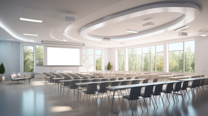 Contemporary lecture hall with circular lighting and wide windows. Learning environment. Generative AI - obrazy, fototapety, plakaty