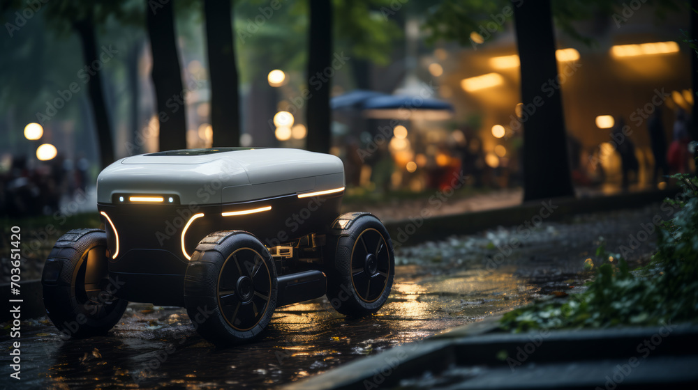 Poster delivery bot cruising in a suburban neighborhood at twilight. efficiency and automation concept. gen