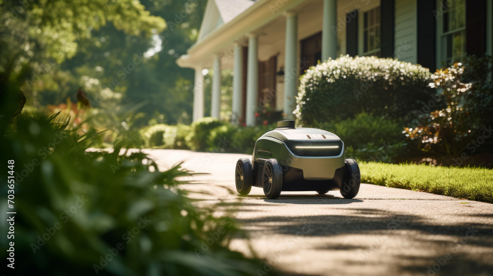 Poster modern delivery bot on a sunny patio surrounded by greenery. automation in service concept. generati