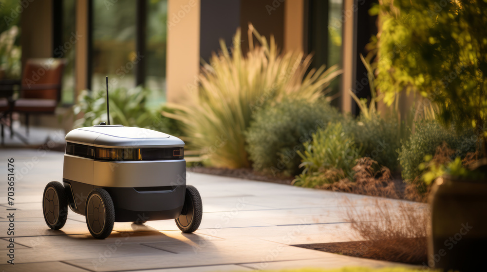 Poster autonomous delivery robot rolling through a serene garden pathway. efficiency in delivery concept. g