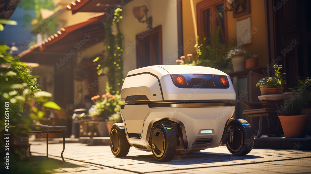 Poster modern tech delivery robot on a sunny patio surrounded by greenery. automation in service concept. g