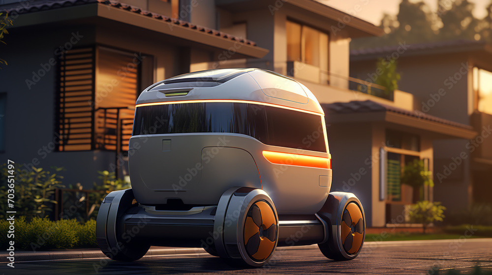 Poster high-tech delivery robot cruising in a suburban neighborhood at twilight. efficiency and automation 