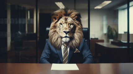 Lion-headed executive at boardroom table, exuding authority and corporate prowess. Generative AI