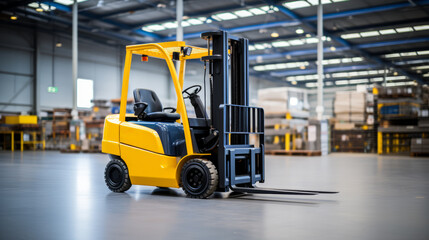 Yellow forklift parked in a modern warehouse with goods in background. Logistics concept. Generative AI