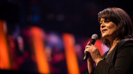 Professional speaker giving a talk at a conference, audience in soft focus. Public speaking concept. Generative AI