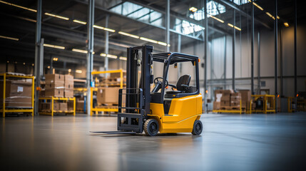 Yellow forklift in action inside a busy warehouse, boxes and shelves visible. Industrial workflow. Generative AI