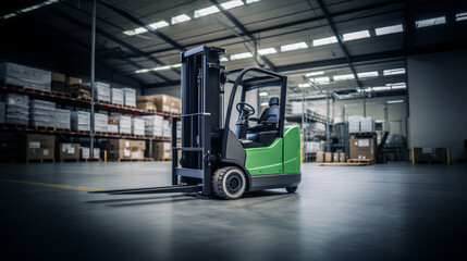 Side view of green forklift in warehouse, industrial machine on shiny floor. Efficiency concept. Generative AI - obrazy, fototapety, plakaty