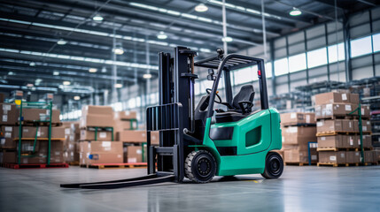 Modern green forklift in warehouse, clean industrial environment. Productivity concept. Generative AI