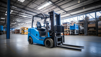 Blue forklift parked in a spacious industrial warehouse with pallets. Warehouse efficiency concept. Generative AI