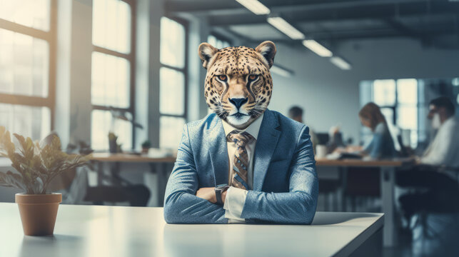 Cheetah in blue suit at office depicts agility in business, modern workspace. Teamwork background. Generative AI