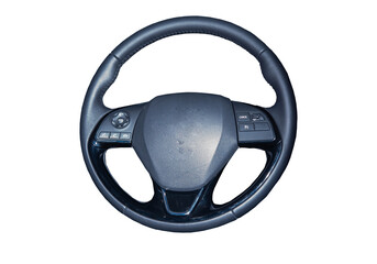 Fototapeta na wymiar Car steering wheel, leather covered, button technology isolated on white background.