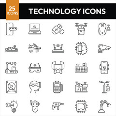 Technology icons Modern thin-line icons set of future technology and artificial intelligent robot. Premium quality outline symbol collection. Simple mono-linear pictogram pack. Stroke vector 