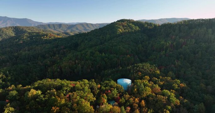 Flying backwards above Great Smoky Mountains in autumn, Tennessee