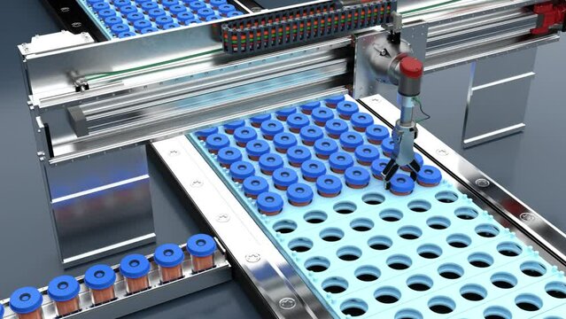 palletising robot, linear pickup and assembly for workpieces, sorting machine, 3d rendering