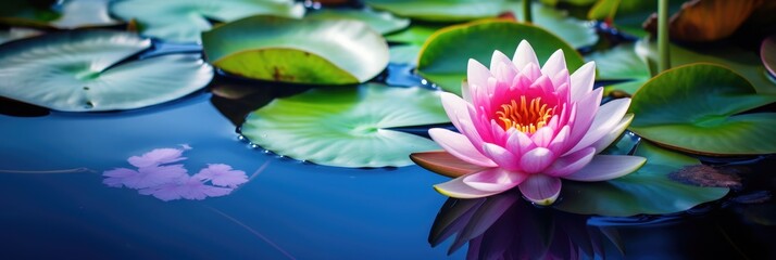 beautiful lotus flower is complimented by the rich colors of the deep blue water surface. - obrazy, fototapety, plakaty