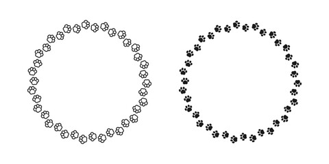 Round frame made of animal paw prints silhouette and outline set. Cute dog paw print track trail border collection. Vector illustration © Aletheia Shade