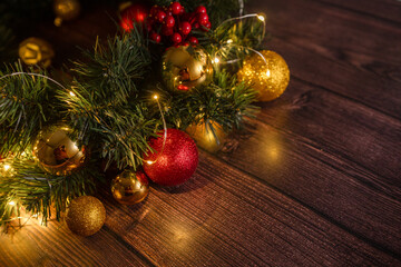 Fototapeta na wymiar Christmas Decoration Over Wooden Background. Decorations over Wood, Copy-space