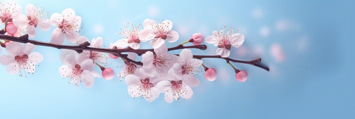 Obraz premium Beautiful soft spring background. Pink flowers on cherry tree branch on blue and pearl pastel background