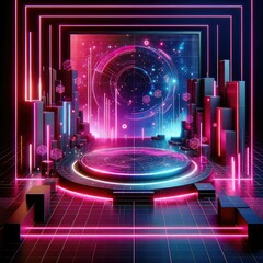 Obraz premium Cyber Sci-Fi Pink Neon Lights Stage: Futuristic Digital Background