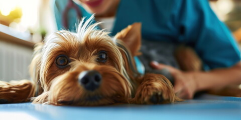 Close up of a dog terrier looking at camera and being examined by professional veterinarian in vet clinic in cropped horizontal view. Pet health care, veterinary and animals concept.