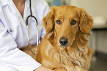 Golden Retriever dog hugged by veterinarian in cropped vertical view. Pet health care, veterinary and animals concept.