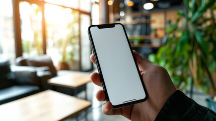 A man's hand holding a smartphone in modern office with white blank screen, First person view