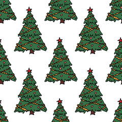 Seamless pattern with geometric minimal scandinavian Christmas tree doodle for decorative print, wrapping paper, greeting cards and fabric