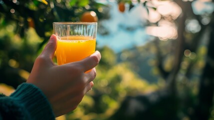 A woman hand holding a glass of orange juice first person view. Freshly orange juice rich in vitamin C for healthy life - obrazy, fototapety, plakaty