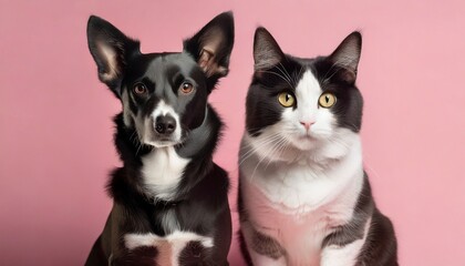 Black and white cat and dog sitting together on pink background. Banner with pets