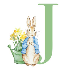 Green letter J with watercolor rabbit