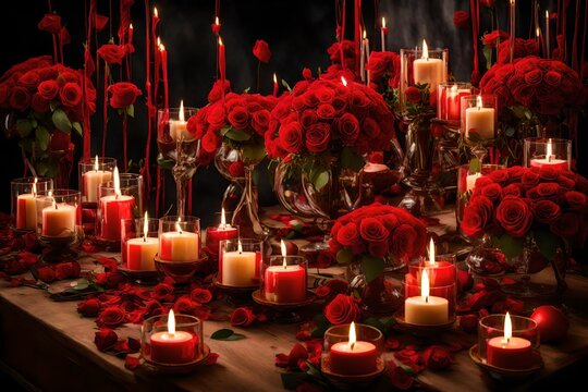 red candles with red flowers and fire burning in the candles with roses abstract background 