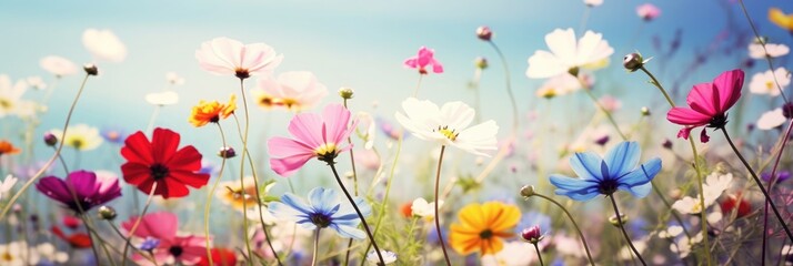 Fresh colorful flowers blooming in meadow in spring - obrazy, fototapety, plakaty
