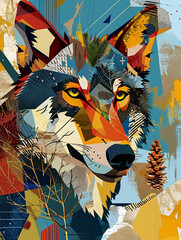 Colorful graphic illustration in shapes - portrait of a wolf