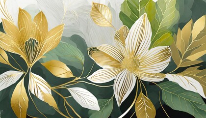 Abstract art background, Luxury minimal style wallpaper with golden line art flower and botanical...