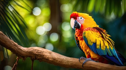 Obraz premium Colorful portrait of Amazon red macaw parrot against jungle. Wildlife and rainforest exotic tropical birds as popular pet breeds. Generative Ai