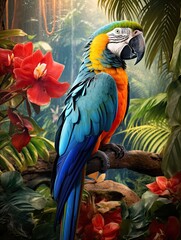 Colorful portrait of Amazon red macaw parrot against jungle. Wildlife and rainforest exotic tropical birds as popular pet breeds. Generative Ai