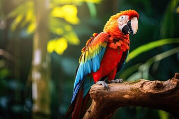 Obraz premium Colorful portrait of Amazon red macaw parrot against jungle. Wildlife and rainforest exotic tropical birds as popular pet breeds. Generative Ai