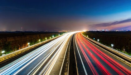 highway at night, A long exposure photo of a highway at night, High speed urban traffic on a city highway during evening rush motion blur lighting effect