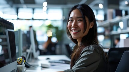 Happy Asian Woman Works in Modern Office. Beautiful Businesswoman Working on Financial, Marketing, and Analysing Data Statistics