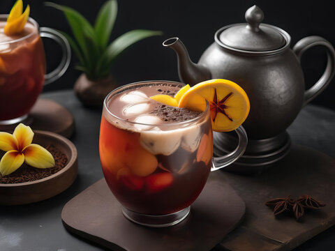 Exotic Drink Delight - Close-up of Jamaican rum punch with tropical garnish, ink wash with fluid movement, rooibos tea red with teapot brown, Swiss hot chocolate brown with cream Gen AI
