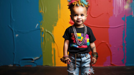  This cool kid takes 90s nostalgia to new heights with a colorful mohawk and rainbow necklace, standing before a graffiti-clad wall with undeniable swag.