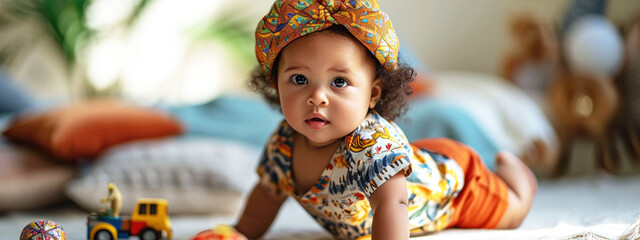 A curious baby adorned in a colorful outfit and matching headwrap gazes softly, surrounded by the comfort of a sunny room filled with toys. The warm hues echo the carefree days of the 90s.