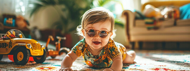 An adorable baby in trendy sunglasses crawls on a vintage rug, surrounded by classic toys, exuding the laid-back vibe of the 90s. The candid capture is full of life and playful energy. - obrazy, fototapety, plakaty