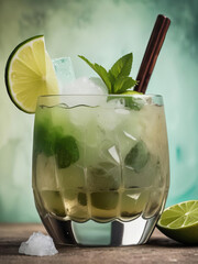 Exotic Drink Close-up - Brazilian caipirinha mixed with minty mojito in a textured collage Gen AI - obrazy, fototapety, plakaty