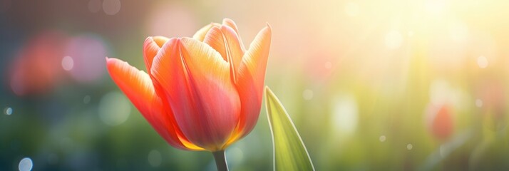 Macro of single isolated red and orange tulip flower against soft, blurred green background with bokeh bubbles and sunshine