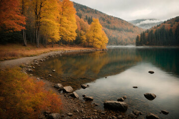 Fototapeta premium Beautiful autumn forest landscape with a calm river idyll, generated by AI