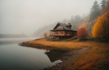 Beautiful autumn forest landscape with a house on the shore, peaceful beauty, AI generated