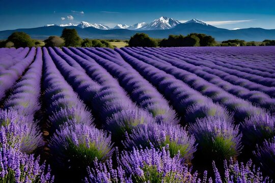 vast field of blooming lavender, stretching towards the horizon, with the majestic silhouette of distant mountains in the background under a clear blue sky