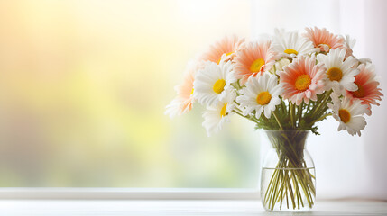 Chamomile flowers in white vase on window sill, generative ai