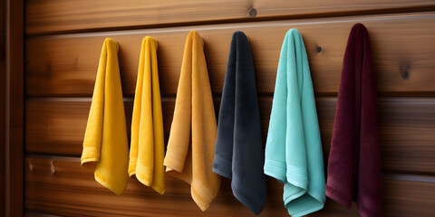 Colorful Absorbent Towels Freshness in the Kitchen, Bright Kitchen Textiles Colorful Towels on Display. 